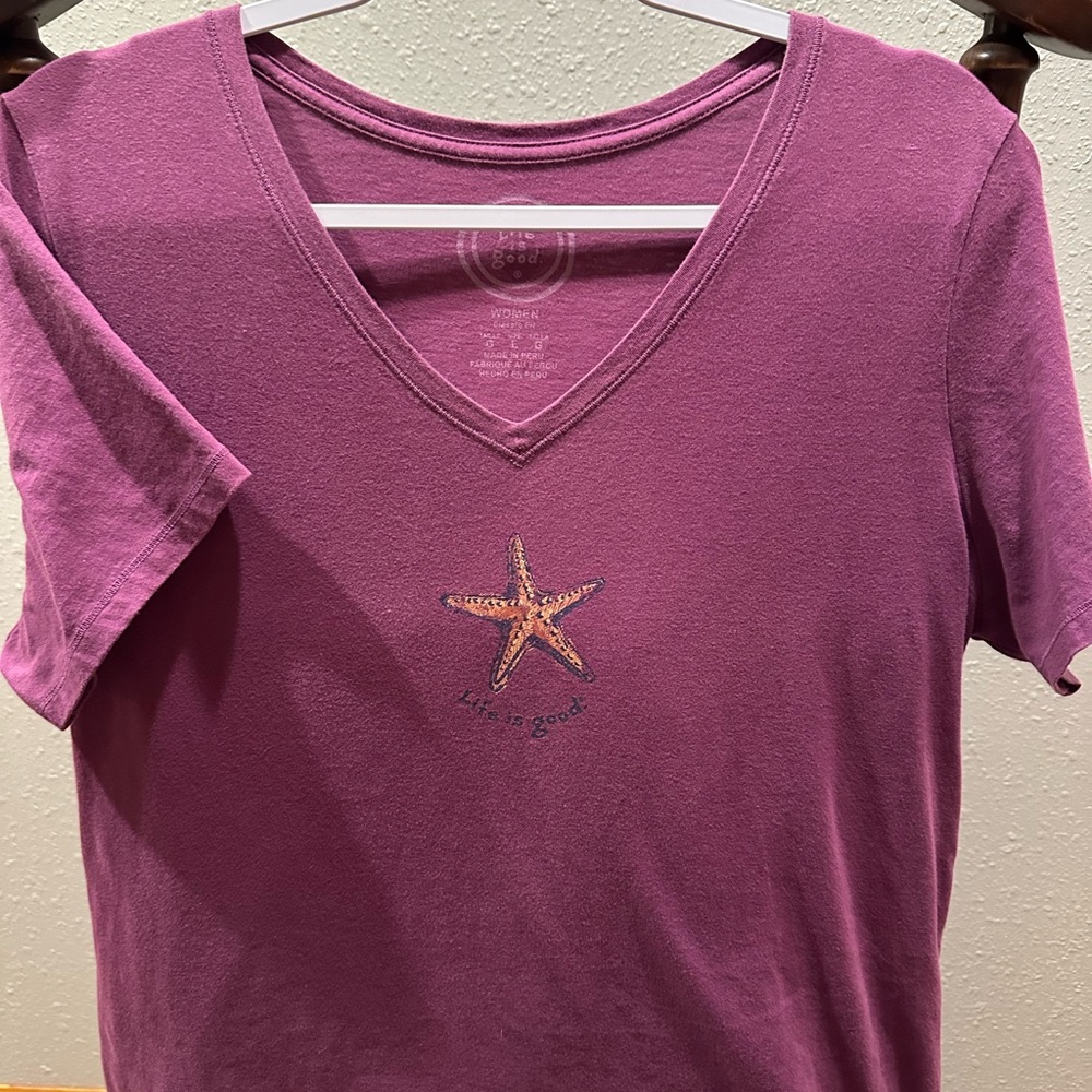 Life Is Good Women's Pink V-Neck Tee with Starfish